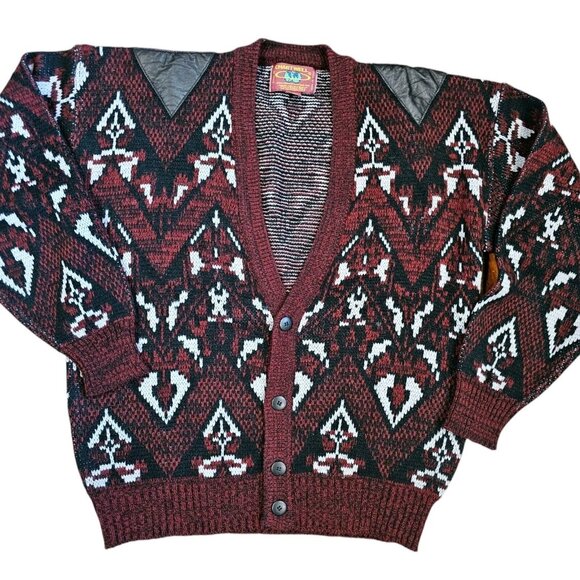 Vintage Mens Medium Grandpa Cardigan Sweater Maroon Geometric Leather Accents - Picture 7 of 7